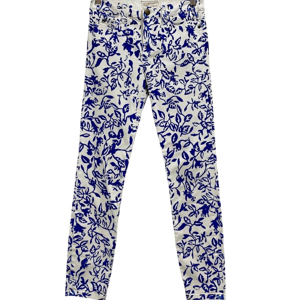 DVF x Current/Elliott White Jeans Blue Floral Straight-Leg Skinny 29" Waist